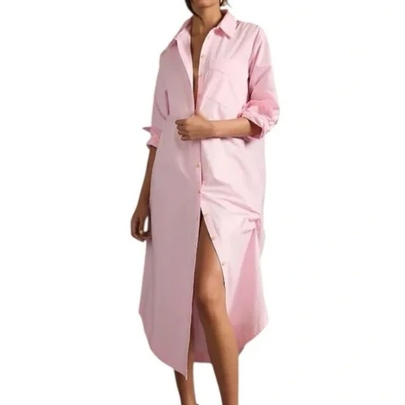 Maeve Anthropologie Soren Shirt Dress Pink Poplin Midi Oversized 1X Small Flaw - Picture 2 of 15